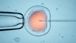 Ilustración científica de una ICSI con un ovocito sostenido por una pipeta y un espermatozoide dentro de la micropipeta de inyección.