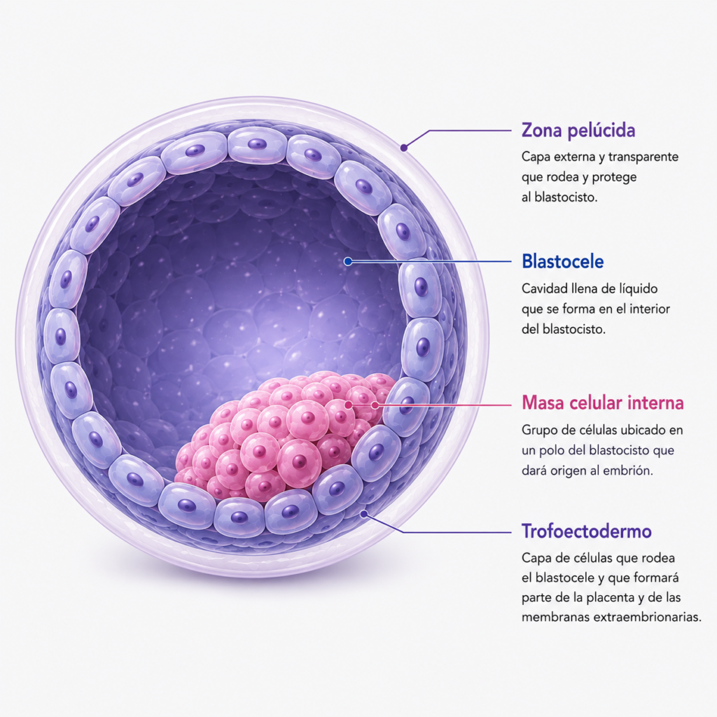 Ilustración de un blastocisto con la zona pelúcida, blastocele, masa celular interna y trofoectodermo identificados.