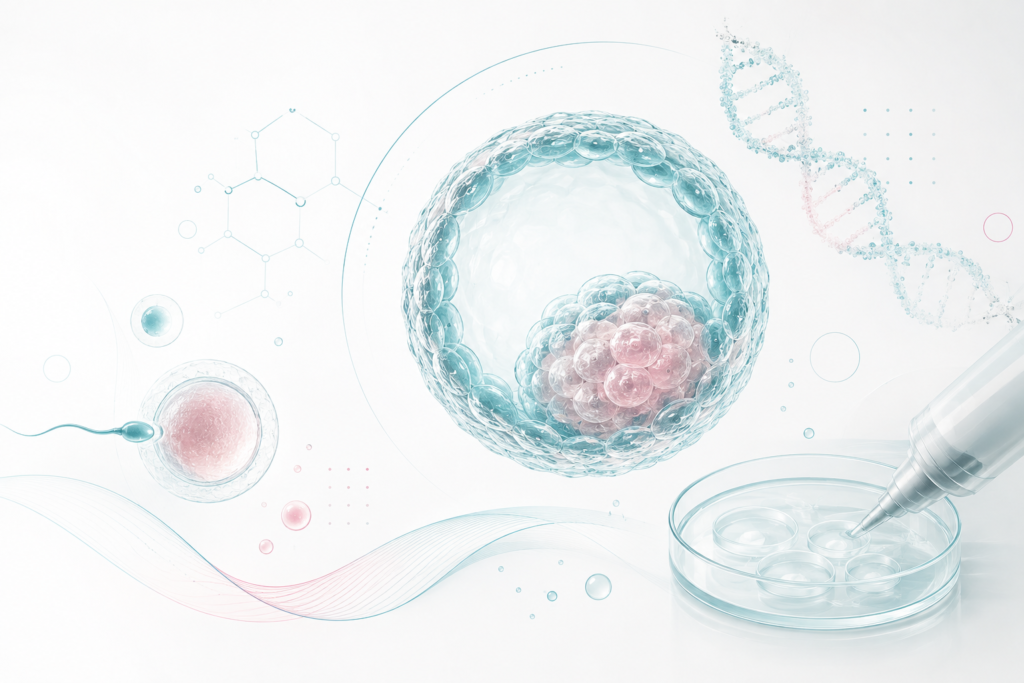 Ilustración científica de un blastocisto, un óvulo, ADN y elementos de laboratorio de reproducción asistida