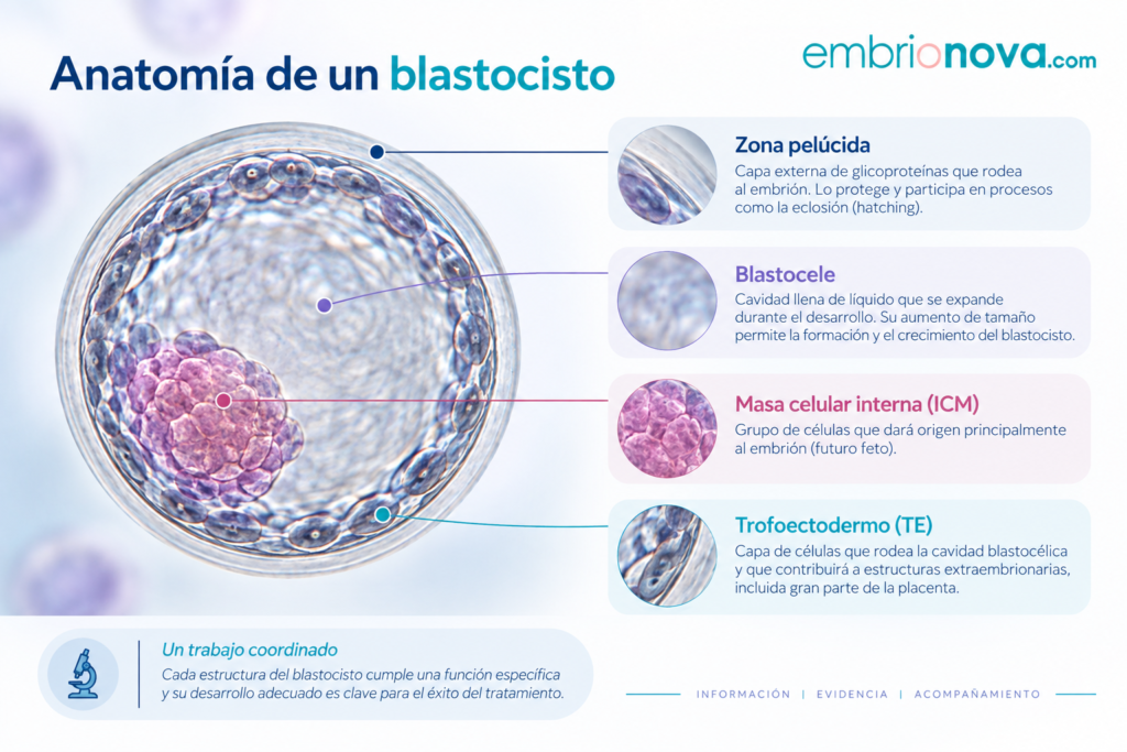 Infografía de la anatomía de un blastocisto con la zona pelúcida, el blastocele, la masa celular interna y el trofoectodermo identificados.