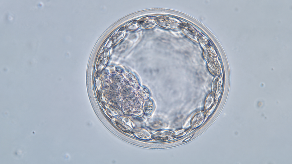 Imagen microscópica de un blastocisto humano con la masa celular interna, el blastocele y el trofoectodermo visibles.