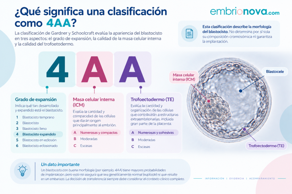 Infografía que explica la clasificación 4AA de un blastocisto según su grado de expansión, masa celular interna y trofoectodermo.