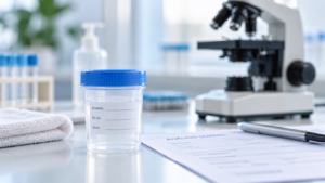 Recipiente para la recolección de una muestra de semen junto a un microscopio y material de laboratorio para realizar un espermatograma.