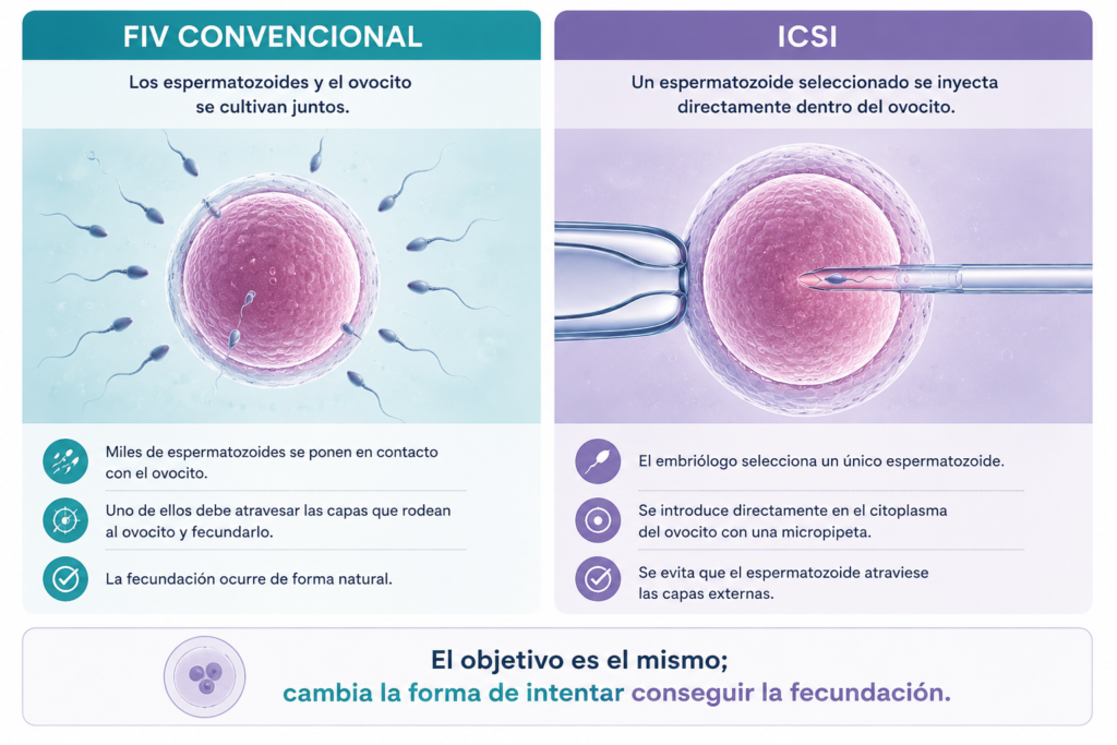 Infografía comparativa entre FIV convencional e ICSI que muestra las diferencias en la forma de intentar fecundar el ovocito.