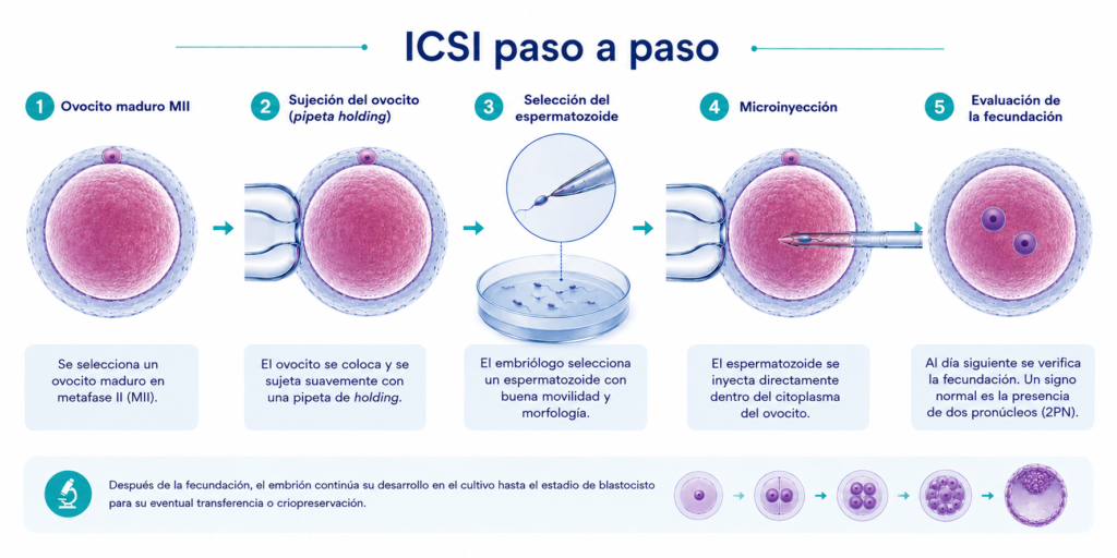 Infografía del procedimiento de ICSI paso a paso, desde la selección del ovocito maduro y el espermatozoide hasta la microinyección y evaluación de la fecundación.