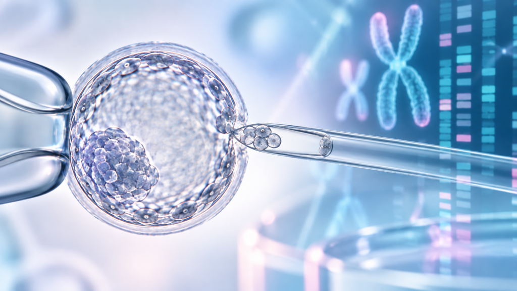 Ilustración de una biopsia de trofoectodermo en un blastocisto para realizar un análisis genético PGT-A.