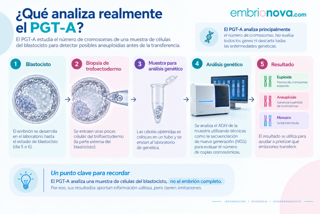 Infografía del proceso de PGT-A desde la biopsia de células del trofoectodermo de un blastocisto hasta el análisis genético y la obtención del resultado.